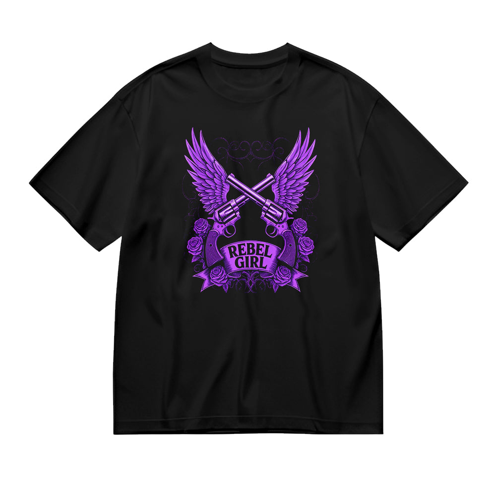 Rebel Girl Purple Wings Graphic Black T-Shirt
