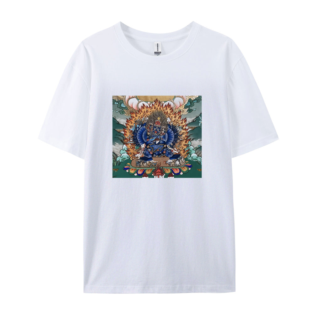 Tibetan Thangka Artwork Graphic T-Shirt for Men Women - Traditional Buddhist Deity Design - Comfortable Casual Tee - Unique Cultural Print - Soft Cotton Material - Ideal Gift for Meditation Yoga Enthusiasts