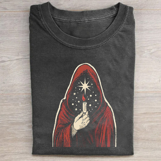 Mystic Hooded Figure Graphic T-Shirt for Men Women Unisex Casual Cotton Tee Shirt with Unique Art Design T-Shirt