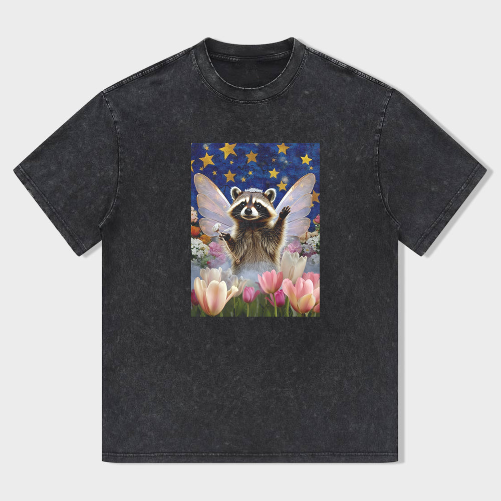 Cute Raccoon Fairy with Tulips and Stars Graphic T-Shirt