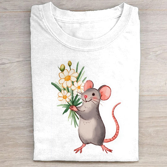 Cute Mouse Holding Flowers Graphic T-Shirt