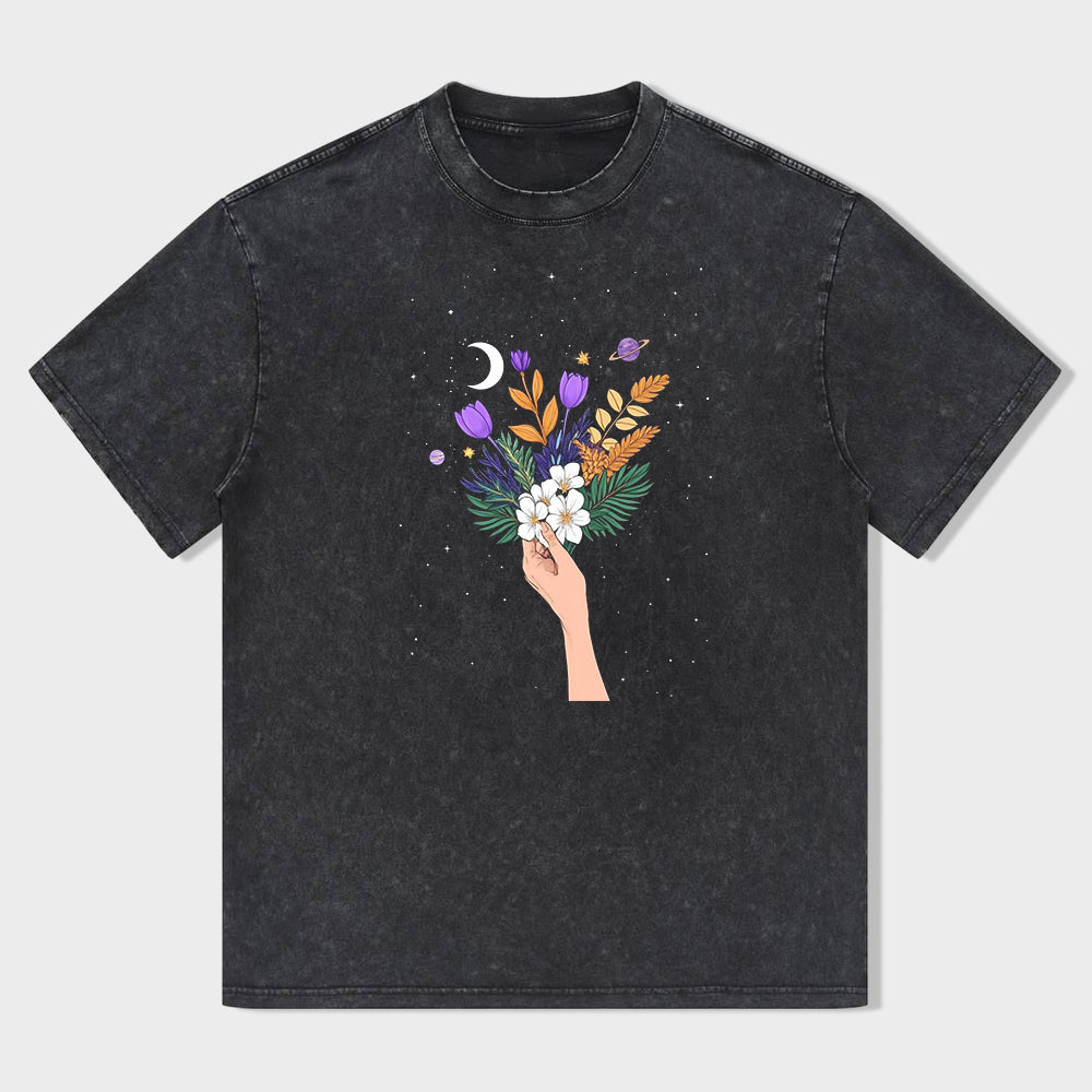 Short Sleeve Black T-Shirt with Hand Holding Floral Bouquet Print for Casual Wear