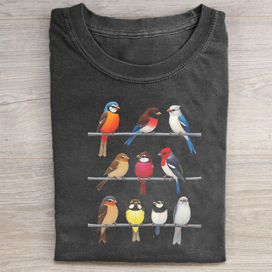 Short Sleeve Black T-Shirt with Colorful Birds on Ladder Print for Casual Wear