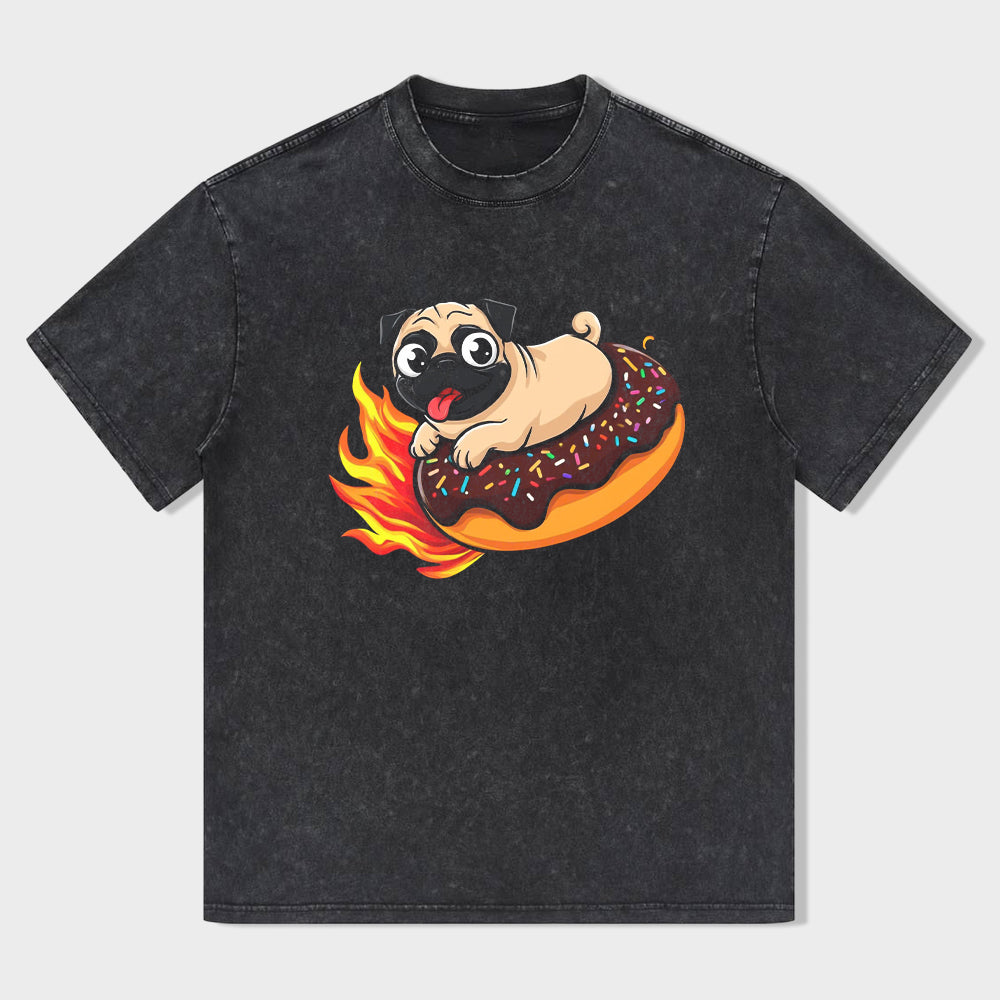 Cute Pug on Fire Donut Graphic T-Shirt