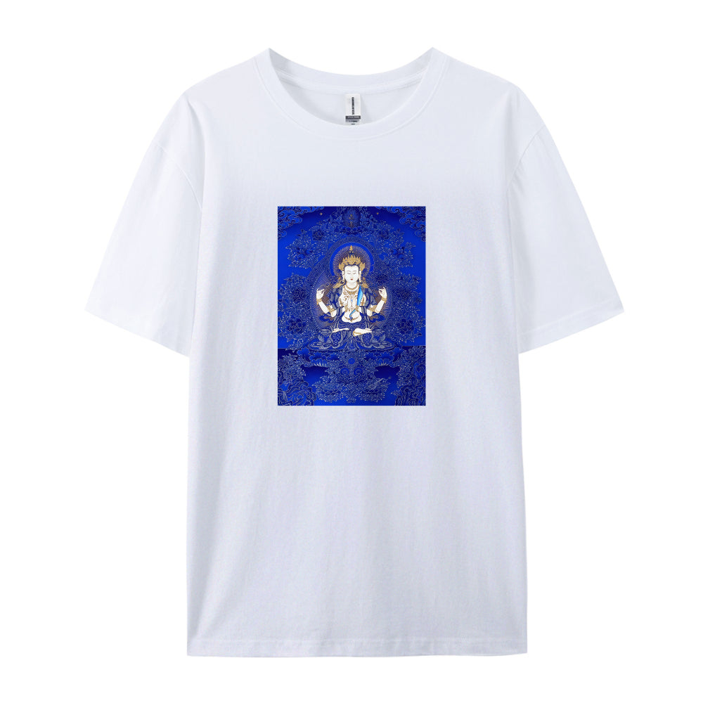 White T-Shirt with Blue Tibetan Buddha Design for Men Women Unisex Casual Wear Spiritual Clothing