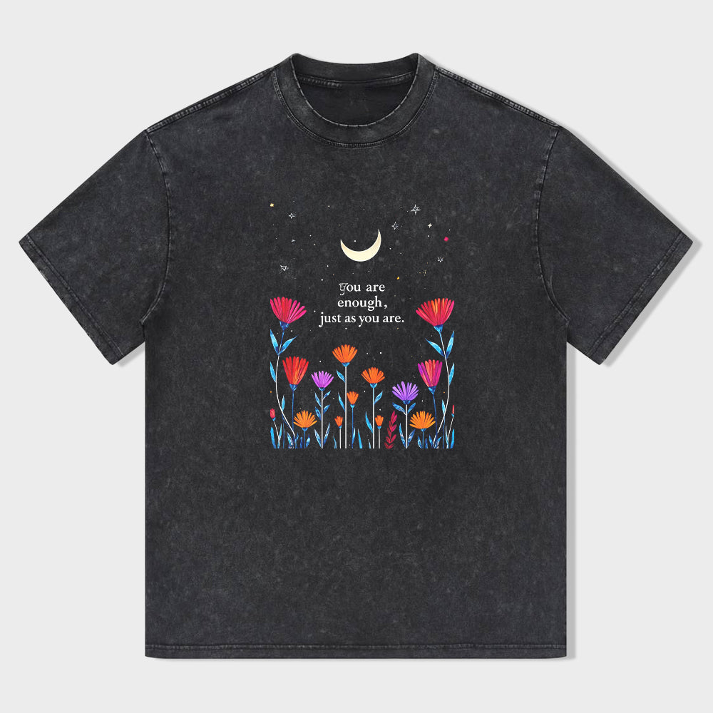 Vintage T-Shirt Black Crescent Moon Floral Print You Are Enough Inspirational Quote for Casual Wear