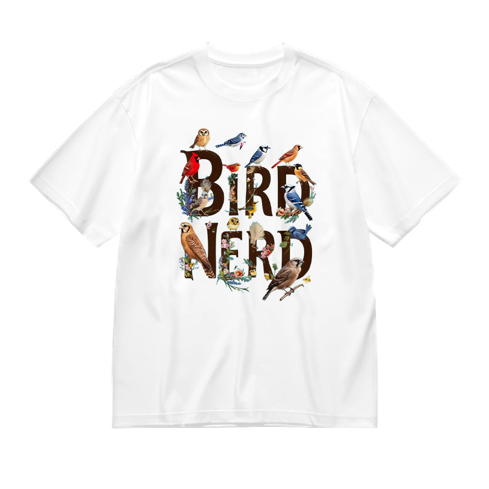 Short Sleeve White T-Shirt with BIRD NERD Bird Illustration Print for Outdoor Activities