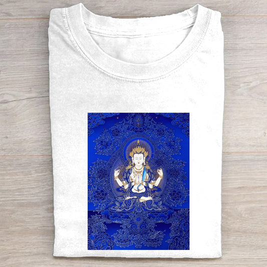 White T-Shirt with Blue Tibetan Buddha Design for Men Women Unisex Casual Wear Spiritual Clothing