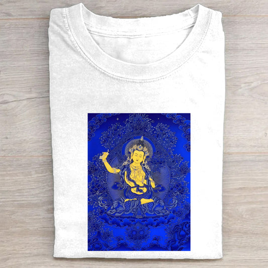 Buddhist Deity Art Print White T-Shirt for Men Women Casual Wear Spiritual Clothing Meditation Apparel Unique Design Graphic Tee