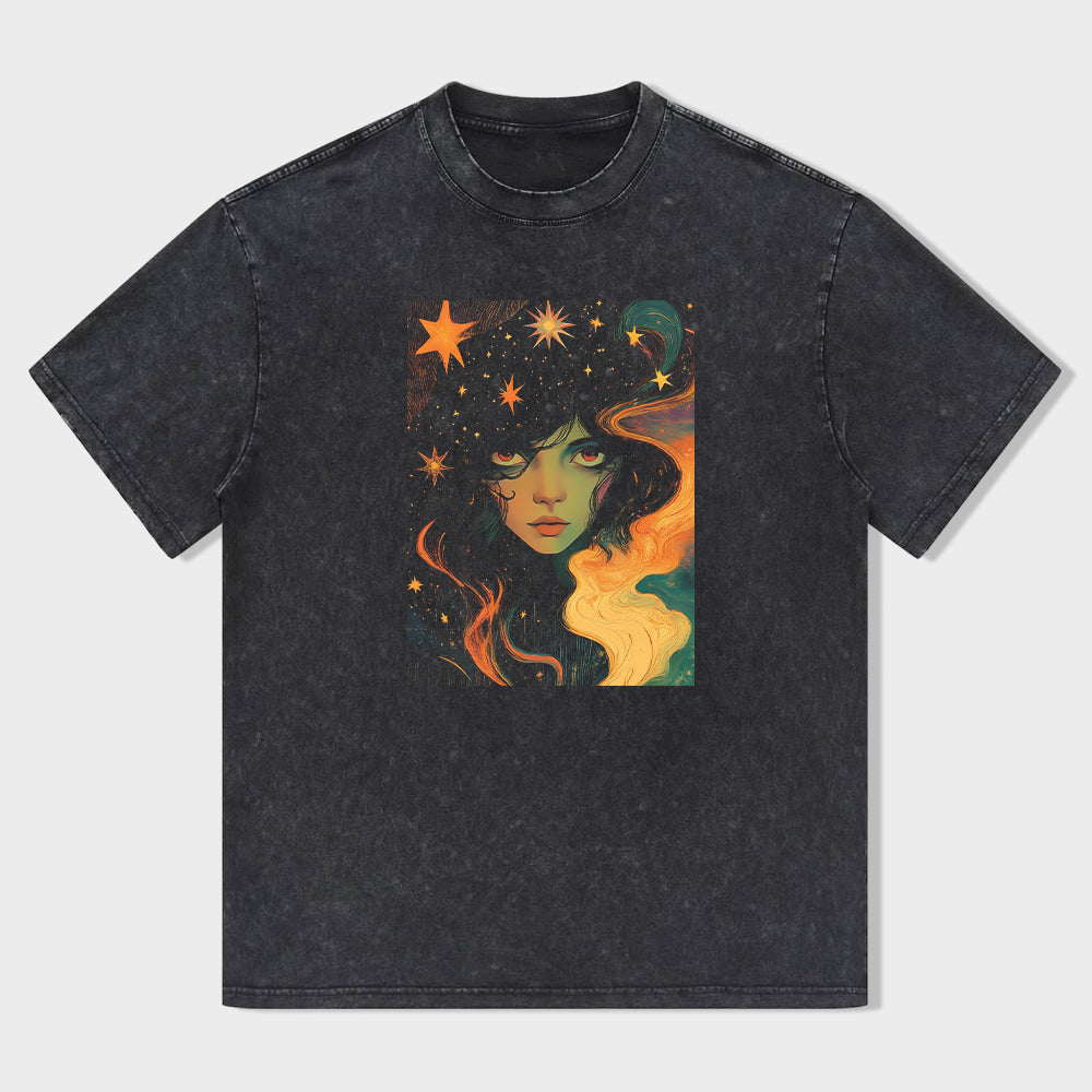 Cosmic Dream Women's Graphic Tee with Starry Night Sky and Mystical Face Design T-Shirt