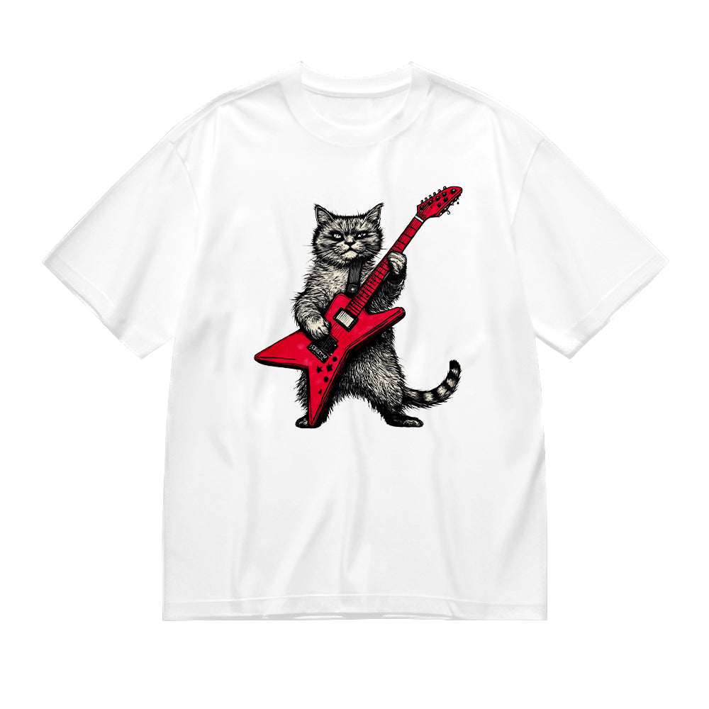 Cute Cat Playing Red Guitar Graphic T-Shirt