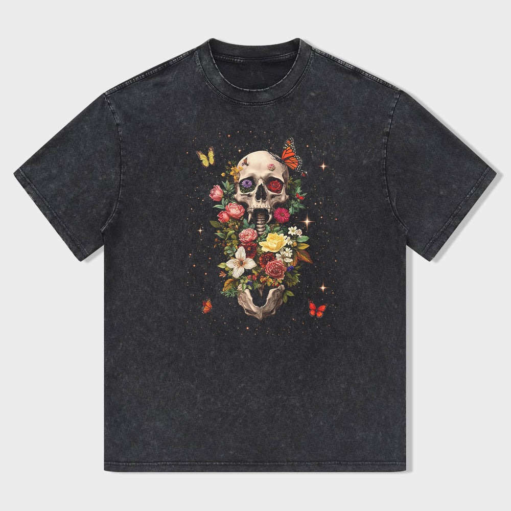 Round Neck Black T-Shirt with Skull Floral Print for Casual Wear