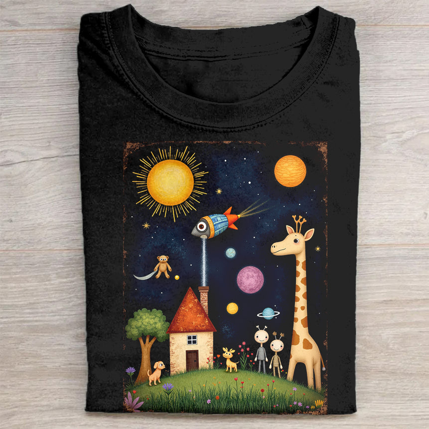 Cute Fantasy Art T-Shirt  Giraffe, Rocket, and Sun Design T-Shirt