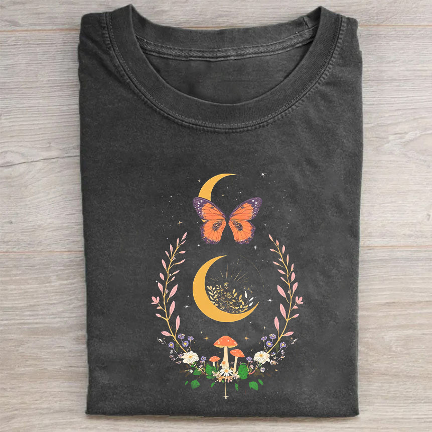 Short Sleeve Black T-Shirt with Crescent Moon Butterfly Floral Print for Casual Wear