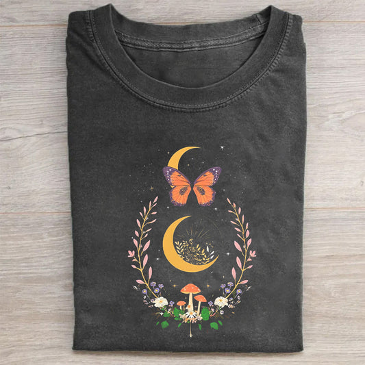 Short Sleeve Black T-Shirt with Crescent Moon Butterfly Floral Print for Casual Wear