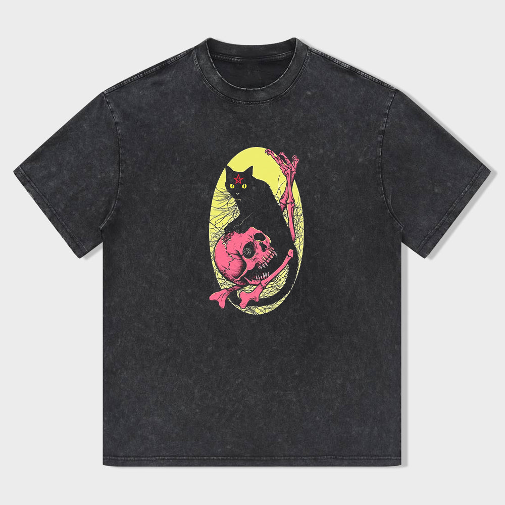 Skull Cat Graphic Tee for Men Women Unisex Casual Short Sleeve T-Shirt