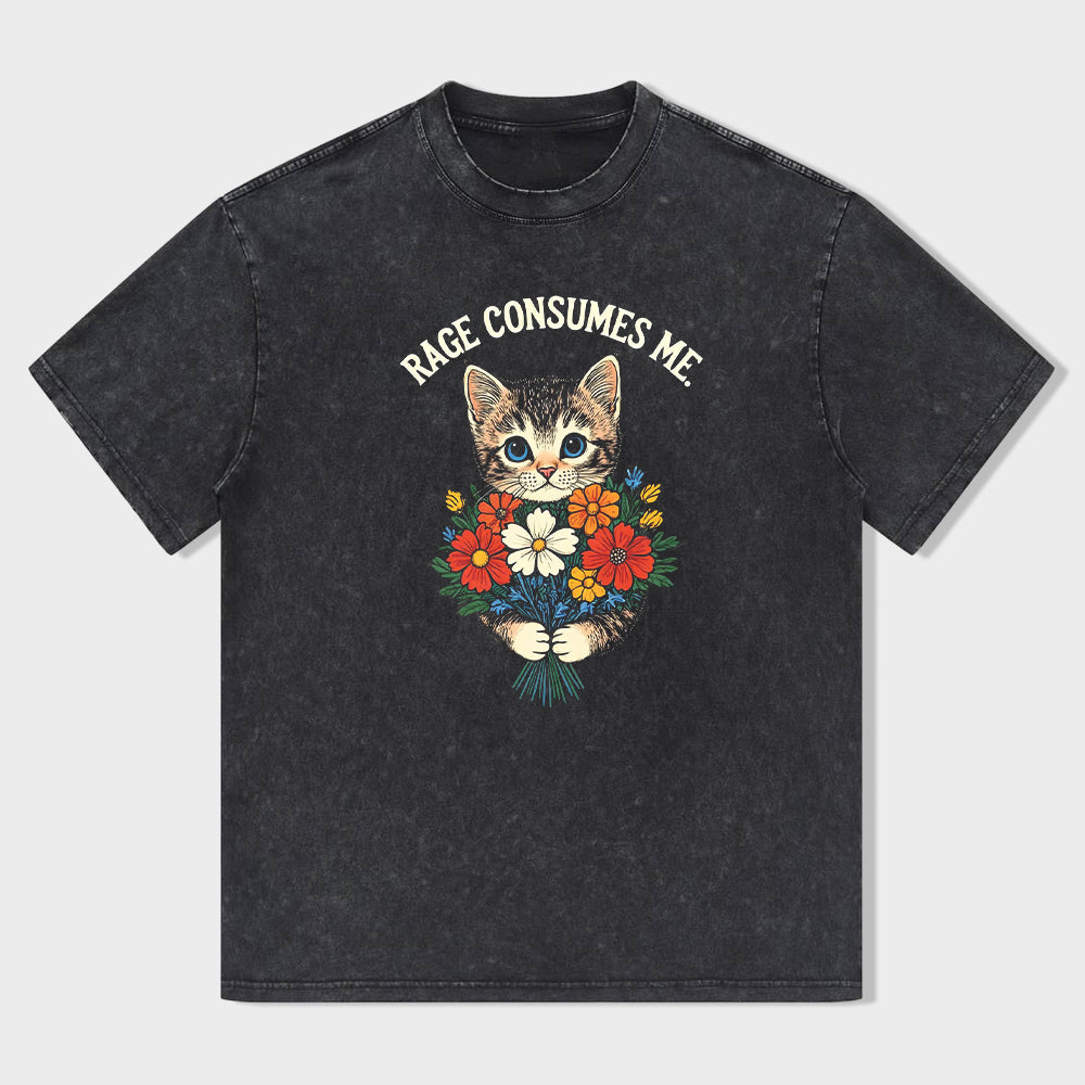 Rage Consumes Me Cat with Flowers Graphic T-Shirt
