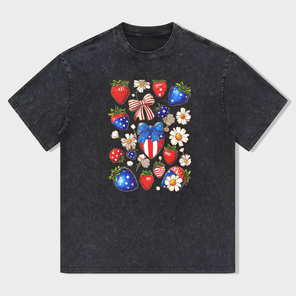 Patriotic Strawberry and Daisy Print T-Shirt