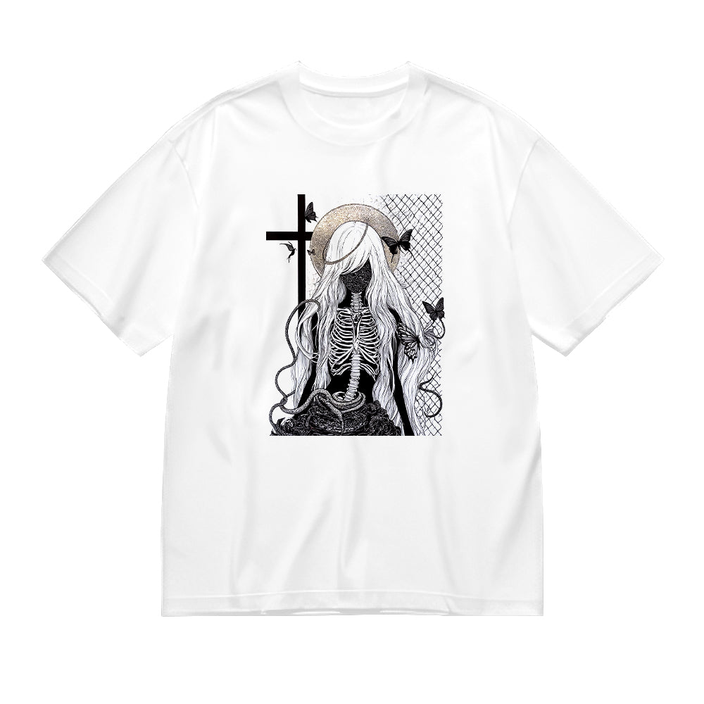 Gothic Skeleton Angel Cross Design Women's Fashion Graphic T-Shirt