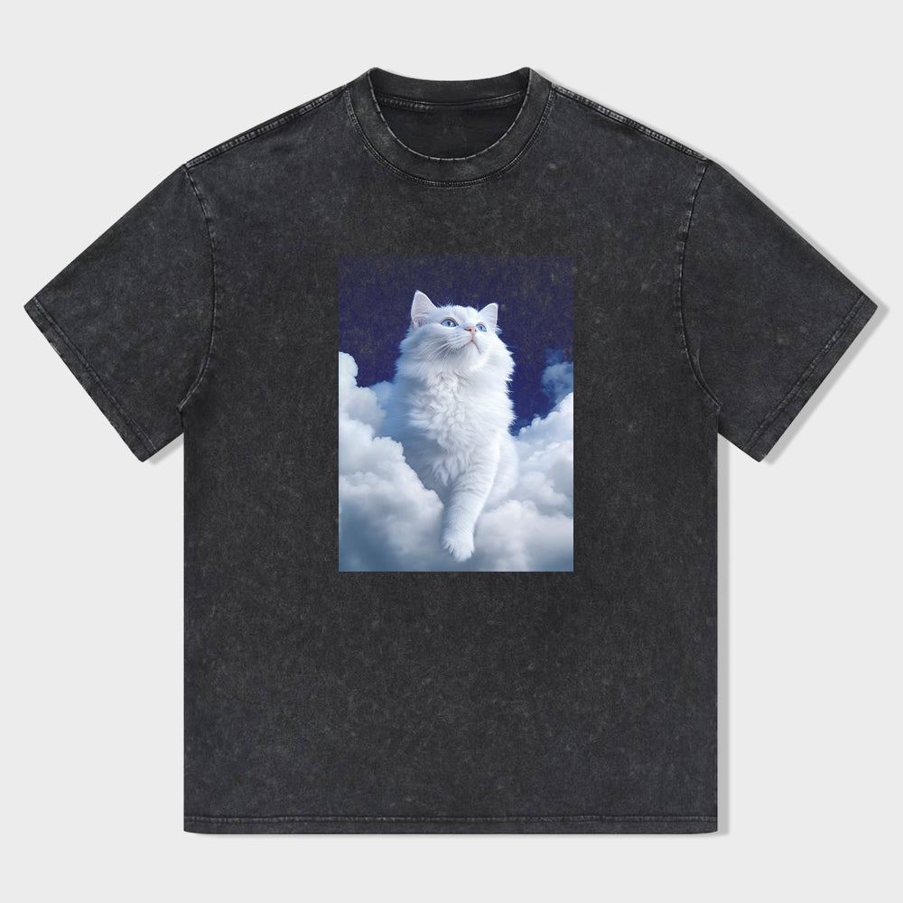 Cute White Cat in Clouds Graphic T-Shirt