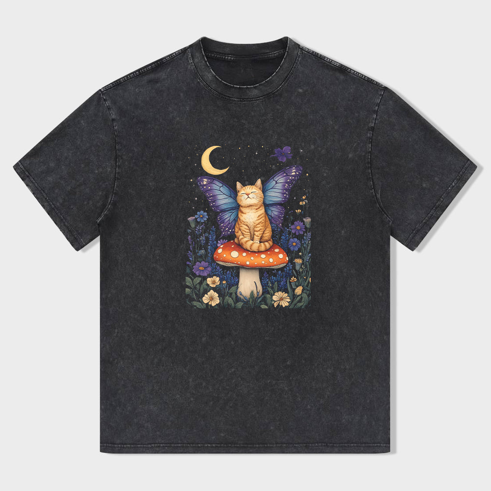 Magical Cat on Mushroom with Butterfly Wings Graphic T-Shirt