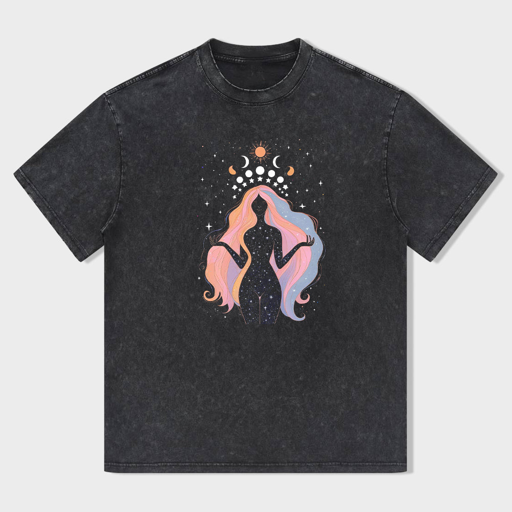 Women's Crew Neck T-Shirt Black Cosmic Goddess Print Casual Wear