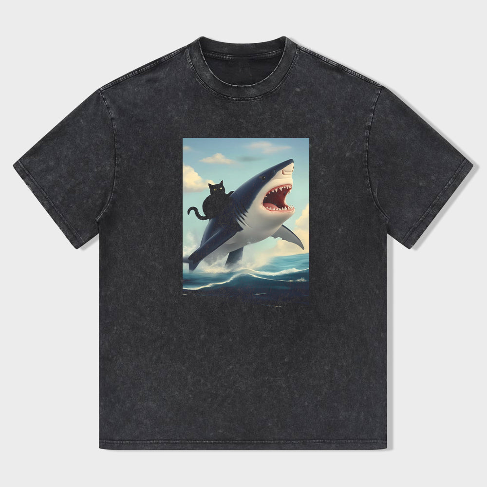 Funny Cat Riding Shark Graphic T-Shirt