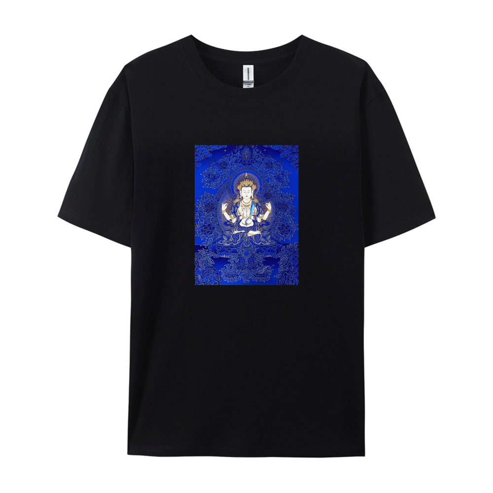 White T-Shirt with Blue Tibetan Buddha Design for Men Women Unisex Casual Wear Spiritual Clothing