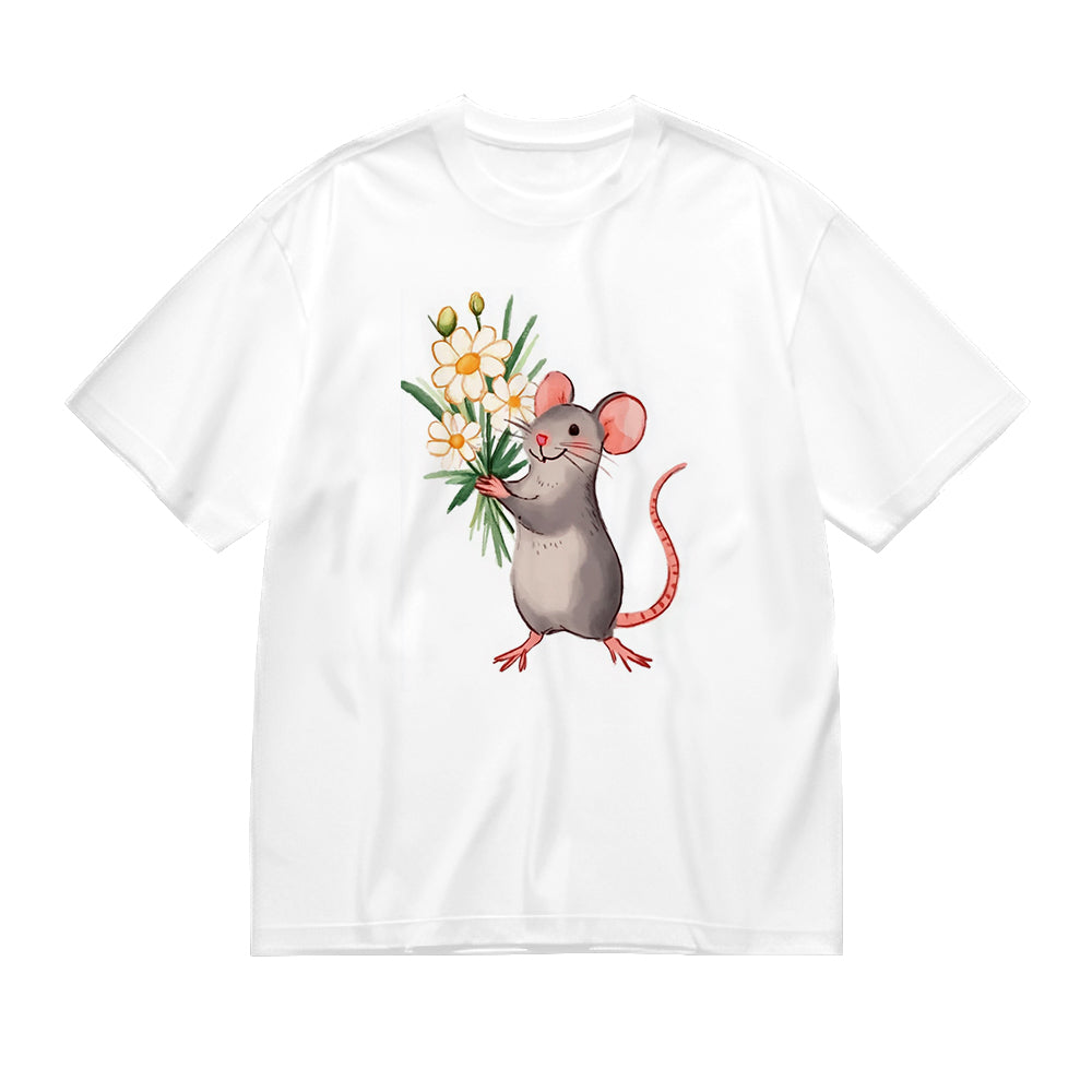 Cute Mouse Holding Flowers Graphic T-Shirt