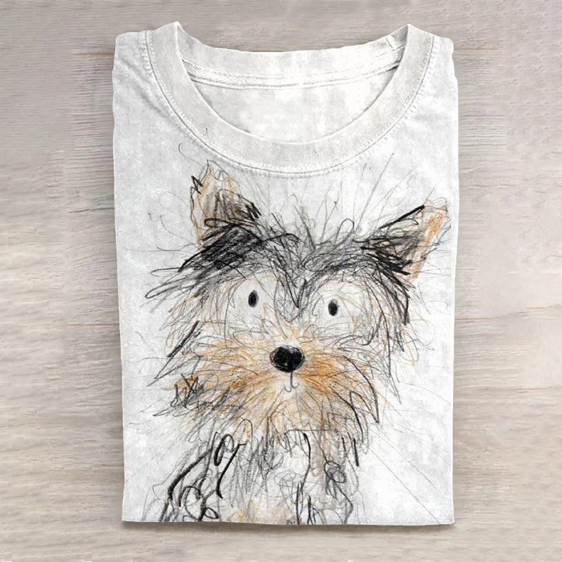 Scrawled Puppy Art Cute Dog Print Casual Short Sleeve T-Shirt