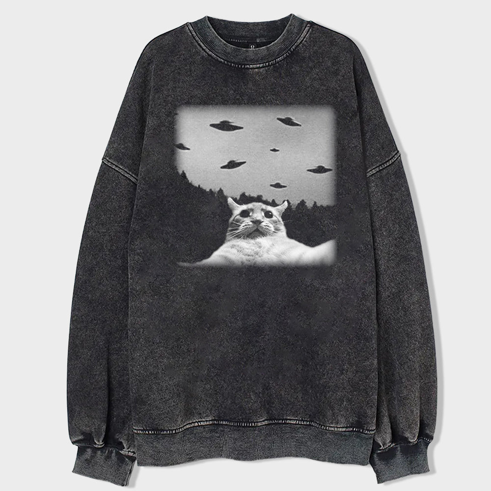 Cat Selfie With UFO Art Acid Wash Sweatshirt