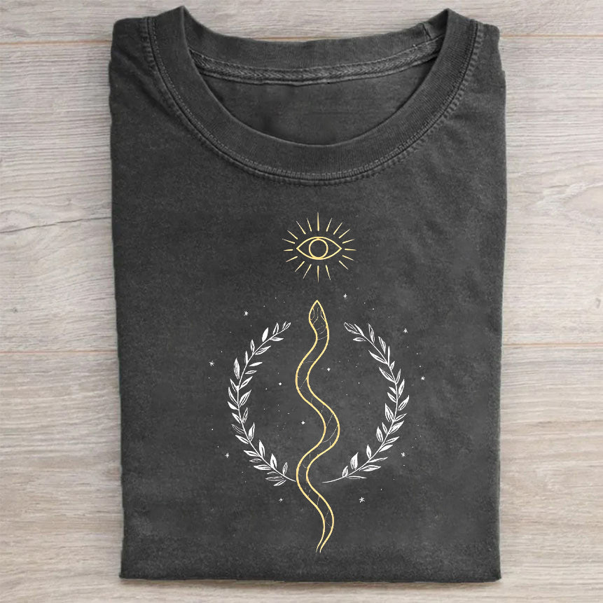 Classic Crew Neck T-Shirt Black with Gold Snake and Laurel Wreath Print for Casual Wear