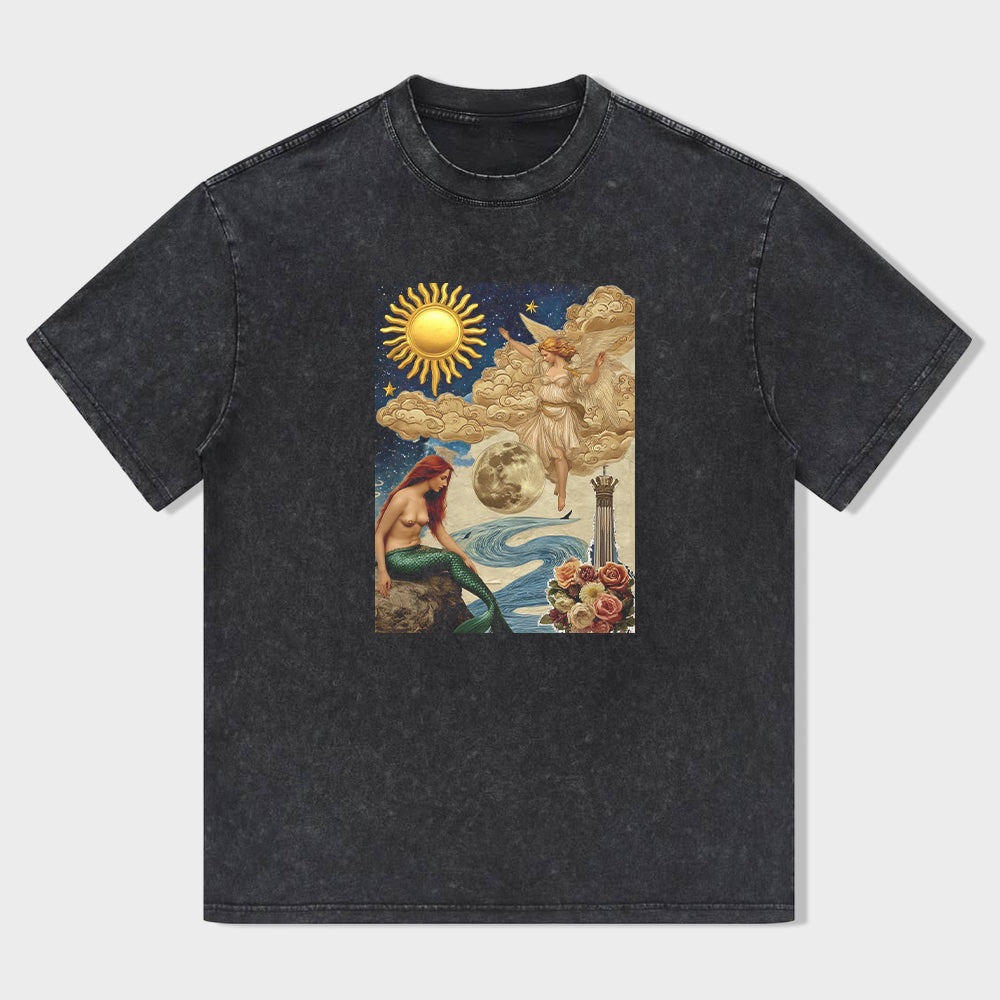 Mermaid and Sun Vintage Art Graphic T-Shirt