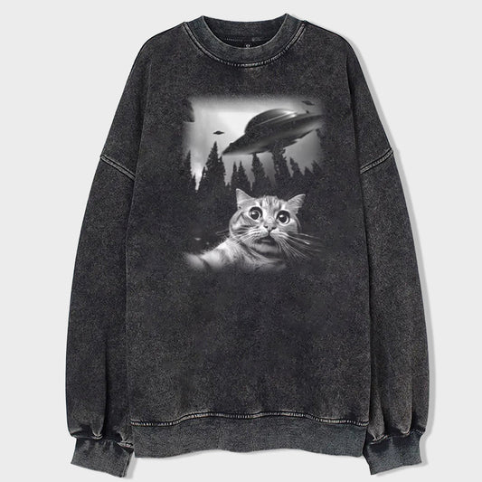 Cat Selfie With UFO Art Acid Wash Sweatshirt