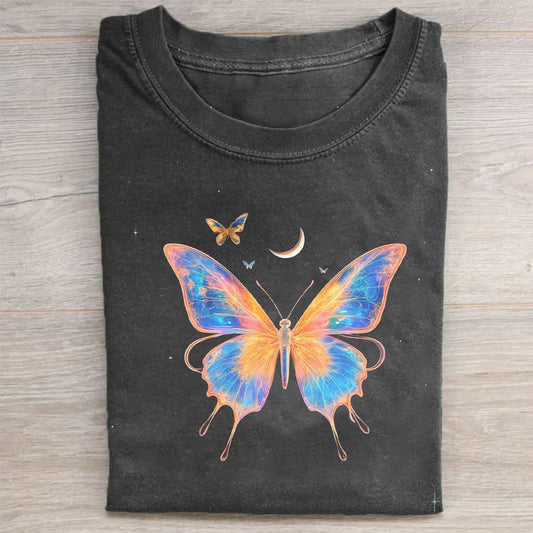 Vintage Washed T-Shirt Black Colorful Butterfly Print Casual Wear