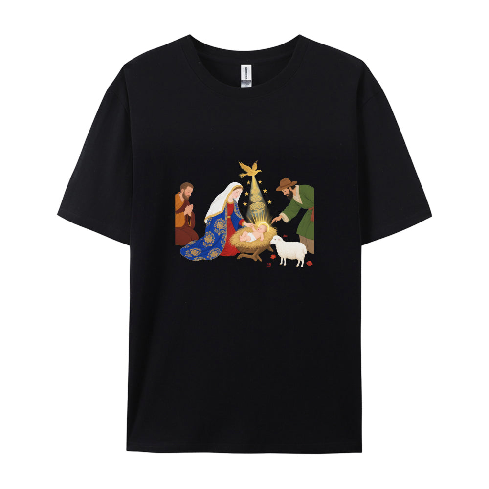 Christmas Nativity Scene T-Shirt  Festive Holiday Jesus Birth Design  Men Women Unisex Graphic Tee  Xmas Gift Idea for Family Friends  Comfortable Soft Cotton Blend Material  White Crewneck Top with Vibrant Print