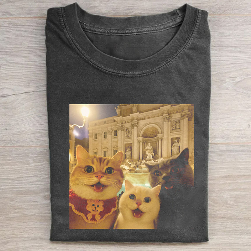 Cat Taking Selfie with Trevi Fountain Funny T-Shirt