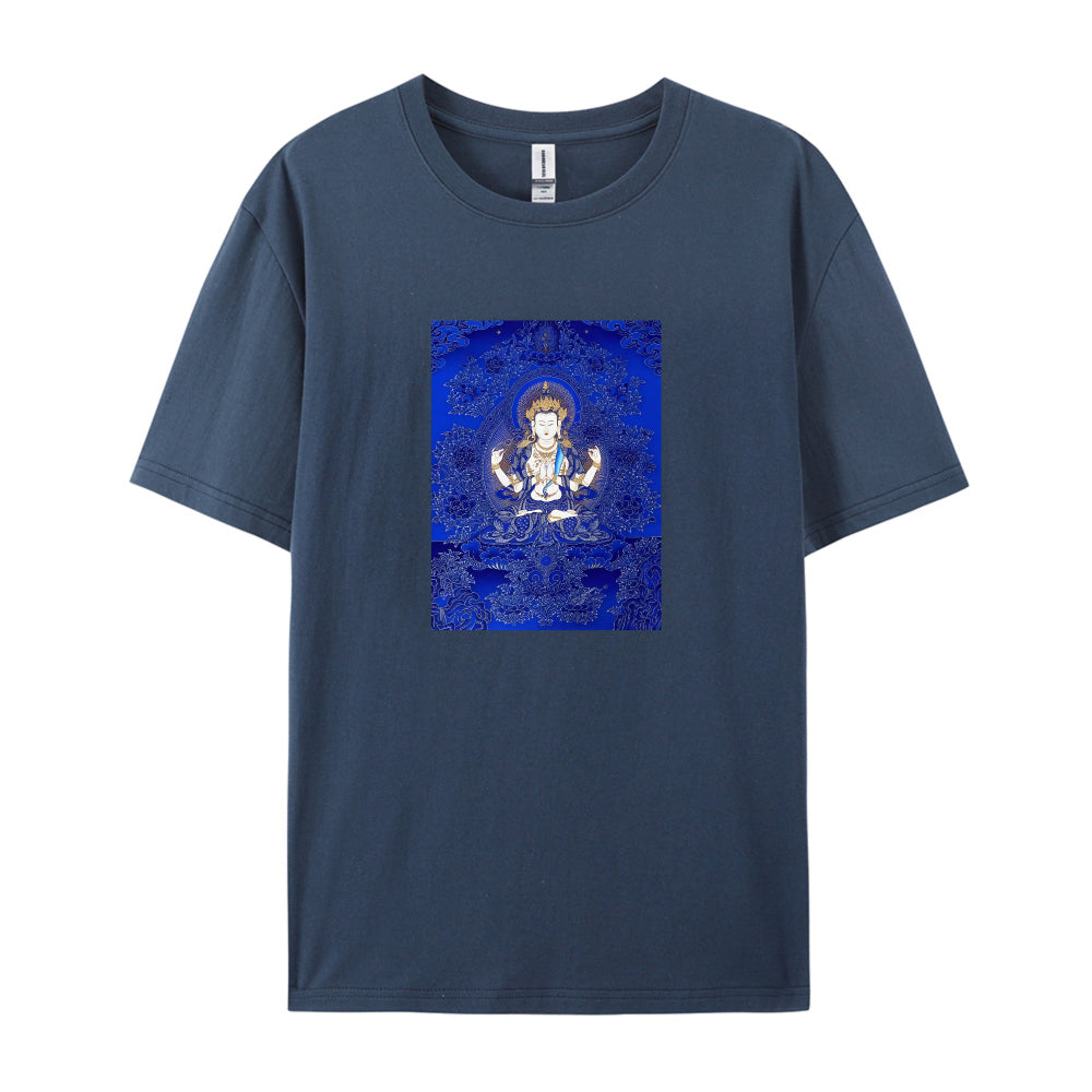 White T-Shirt with Blue Tibetan Buddha Design for Men Women Unisex Casual Wear Spiritual Clothing