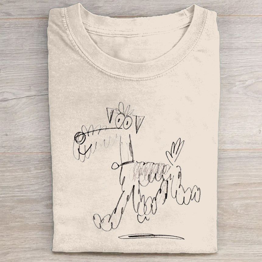 Cute Dog Scrawled Puppy Art Print Casual Short Sleeve T-Shirt
