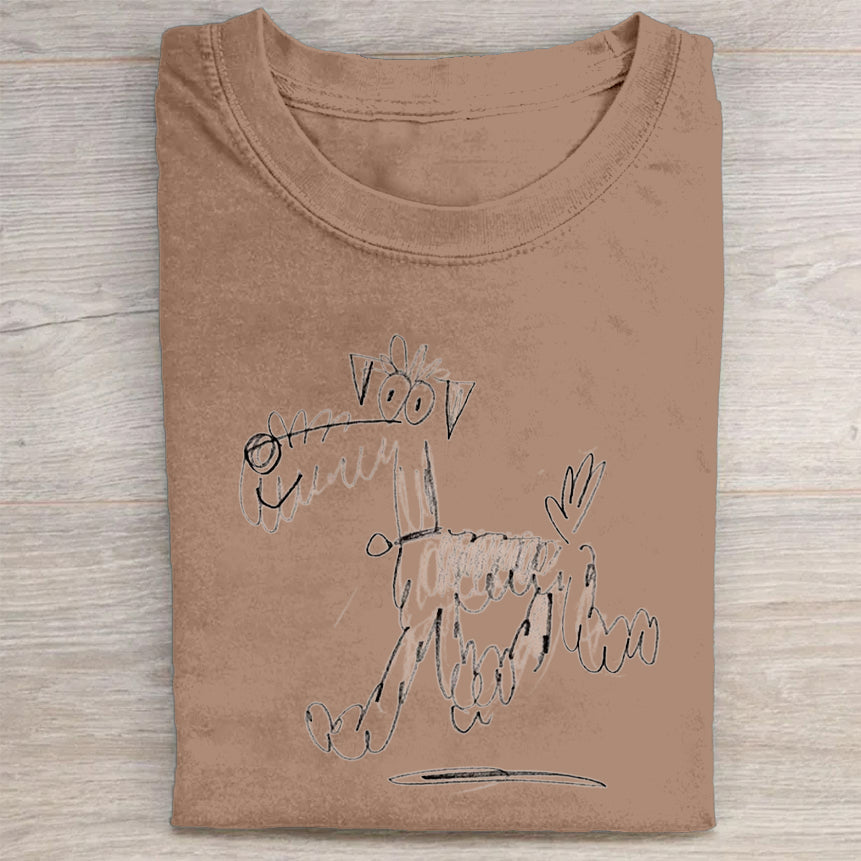 Cute Dog Scrawled Puppy Art Print Casual Short Sleeve T-Shirt