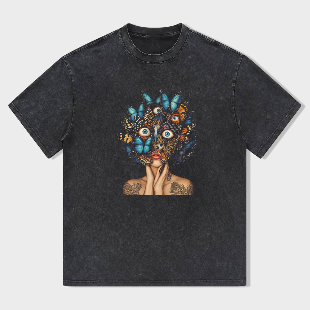 Unisex Crewneck Black T-Shirt with Colorful Butterfly Face Print for Casual Wear