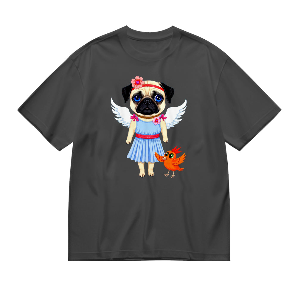 Cute Pug Angel with Bird Graphic T-Shirt