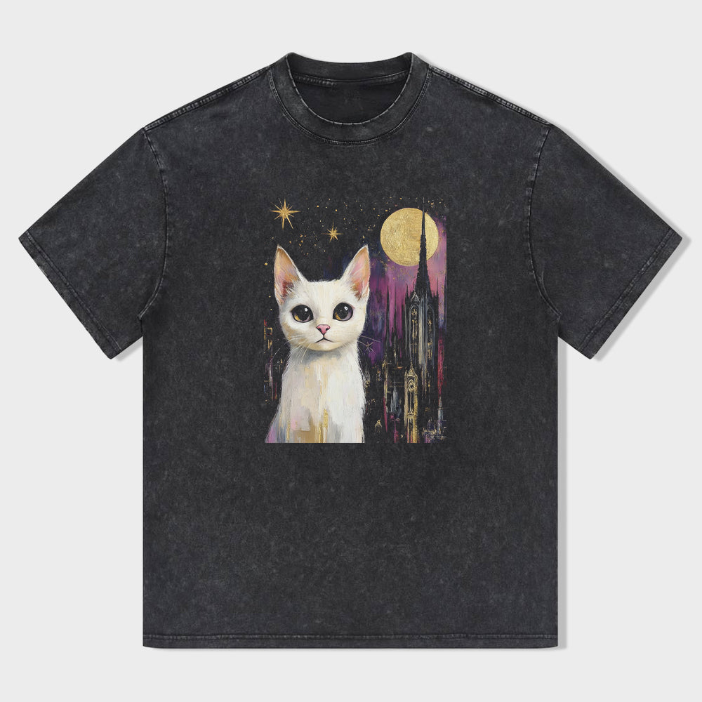 Cute Cat with Moon and Stars Graphic T-Shirt