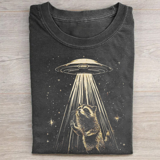 Raccoon Taking Selfie with UFOs Funny T-Shirt/Sweatshirt - heygraff