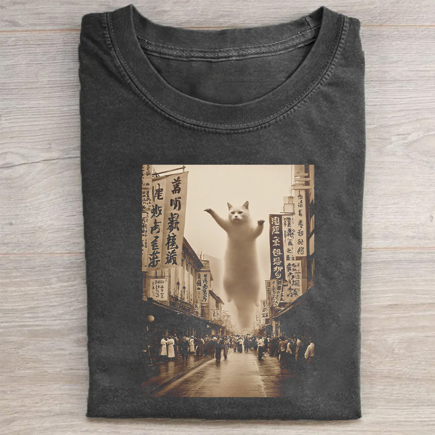 Vintage Black Graphic T-Shirt with Cat in the City Print