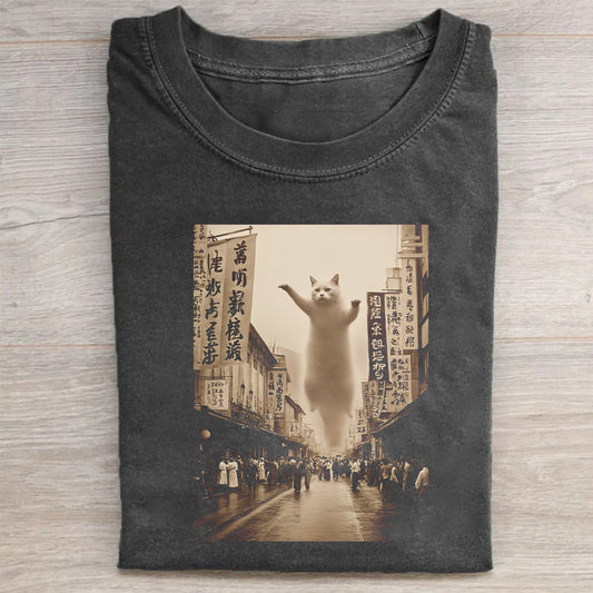 Vintage Black Graphic T-Shirt with Cat in the City Print