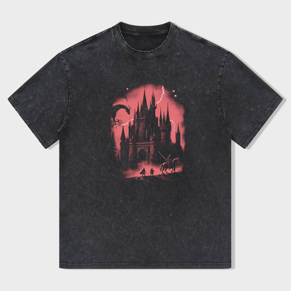 Gothic Castle Silhouette T-Shirt with Bat and Moon Design for Men Women Unisex Graphic Tee