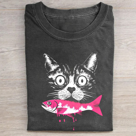 Cute Cat with Fish Graphic T-Shirt