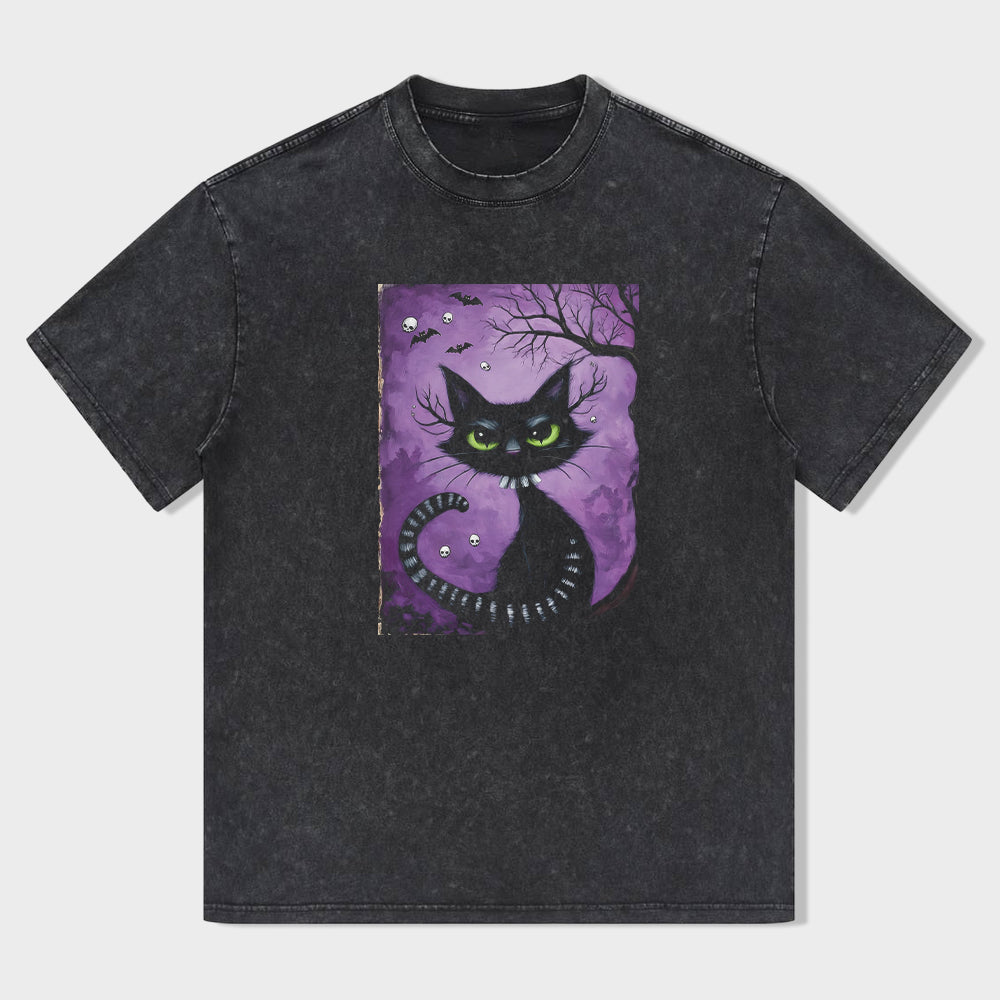 Round Neck Black T-Shirt with Halloween Cat and Moon Print for Festive Wear