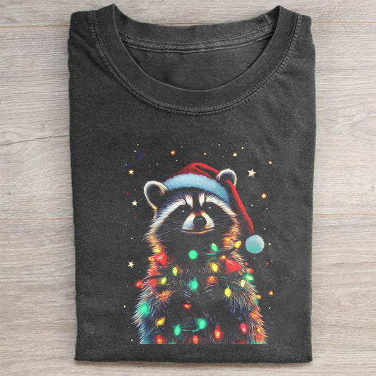 Christmas Raccoon with Lights Graphic T-Shirt